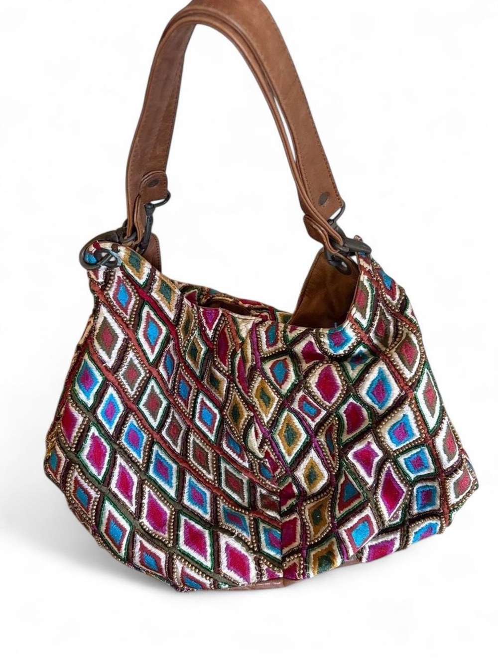 Multicolor Diamond Embroidered Hobo Bag with Brown Leather Handles